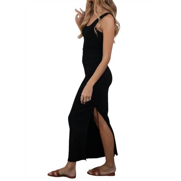 NEW BOBI scoop neck dress with tie shirred slit in black - Picture 4 of 5